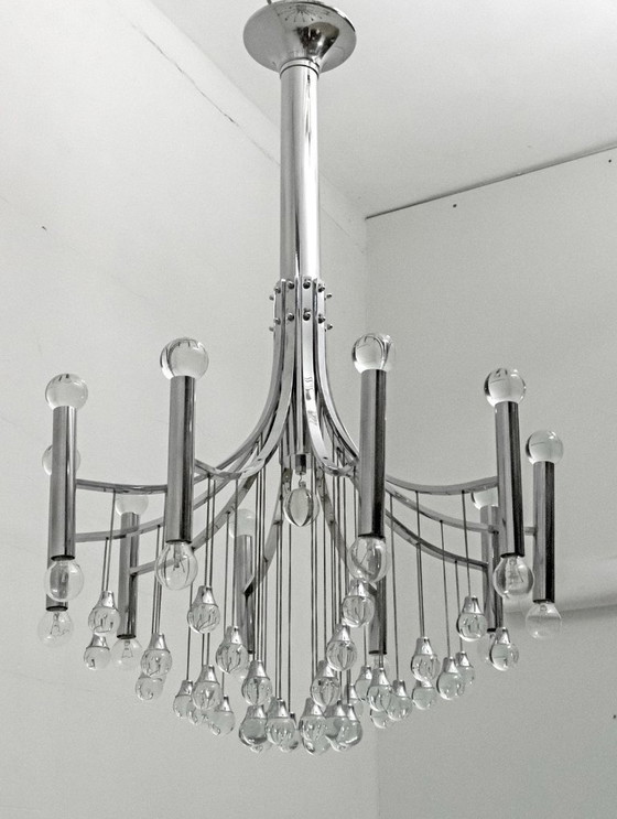 Image 1 of Lampadario italiano in vetro e cromo di Gaetano Sciolari, 1970, metà del secolo scorso