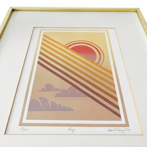 Vintage mid-century modern framed signed Ian W. King art print "Rays" 1974