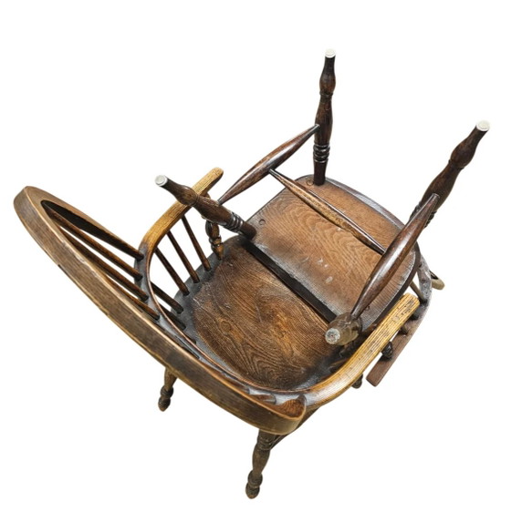 4 x Fauteuil Windsor ancien 2 bas / 2 hauts à dossier à fuseaux en orme / 19ème siècle (photo 3 of 15)
