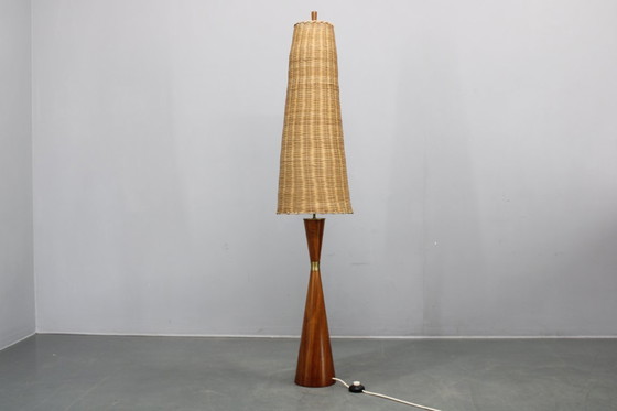 Image 1 of 1960s Parker Knoll Wooden Table Lamp with wicker shade, Britain