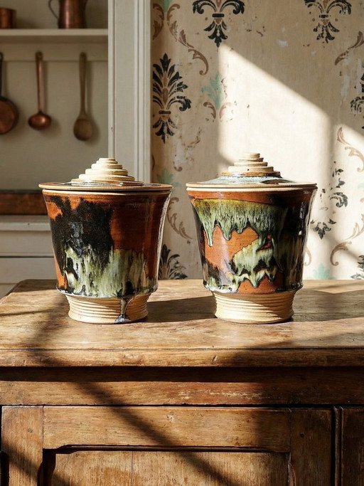 Pair of vintage 80s-90s Japanese-style stoneware pots from Studio Poterie, handcrafted and signed