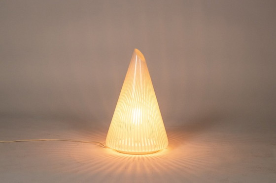 Image 1 of Conical Murano glass lamp with white striped pattern.  From the '70s.