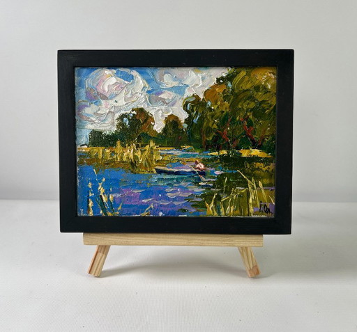 Original Oil Painting Summer Nature Landscape A boat ride along the river