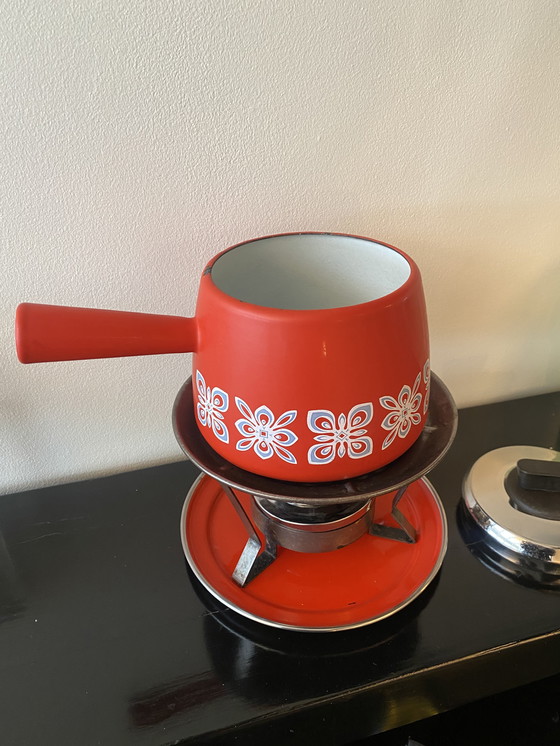 Image 1 of Vintage geëmailleerd metalen fonduestel uit de jaren 70