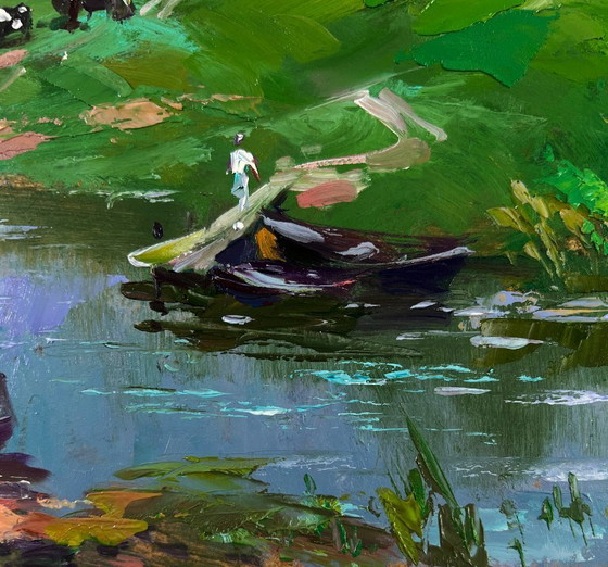 Image 1 of Original Oil Painting Rural Summer Landscape Village Nestled On A Quiet Shore