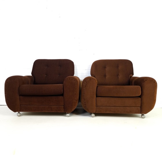 2x Vintage Relax Fauteuil Bruin Corduroy Jaren 70 – Textile (photo 3 of 9)