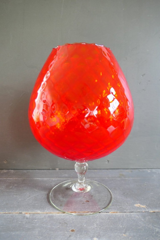 Vintage Empoli Optically Blown Glass Vase Red on Base (photo 2 of 7)