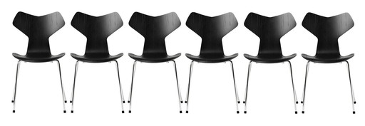 6er-Set Fritz Hansen Stühle, Modell Grand Prix, Schwarz und Chrom Frêne