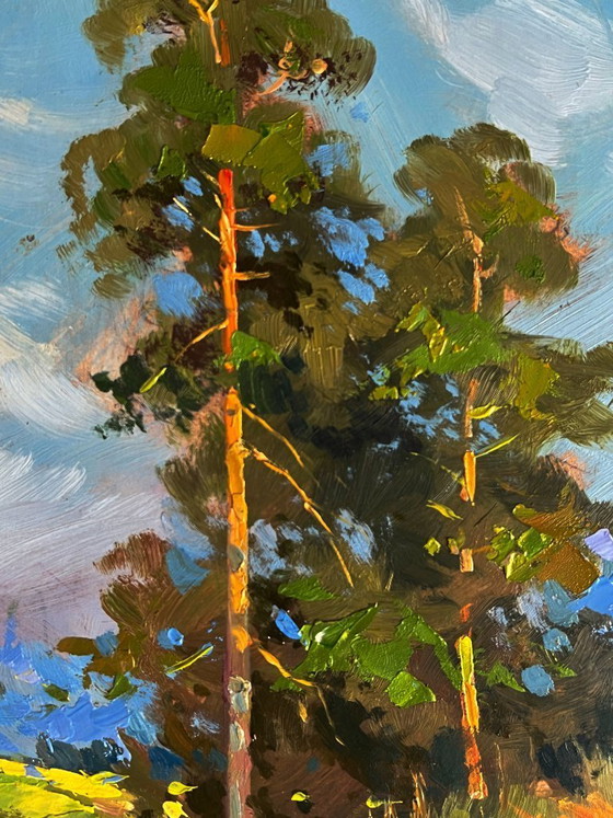 Image 1 of Peinture à l'huile originale, paysage d'été, vaches se promenant dans la nature