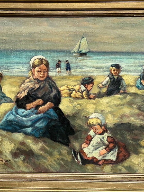 Johannes Evert Akkeringa ( ). “Kinderen spelen op het strand”. Beroemde Nederlandse kunstenaar. (photo 3 of 7)