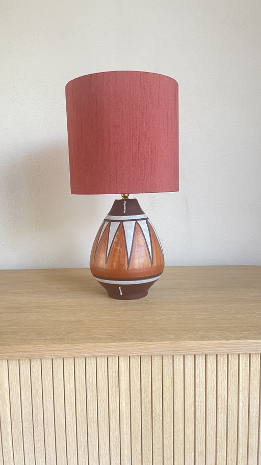 Vintage Handmade Table Lamp (38cm) – Geometric West Germany Base with Rust Brown Silk Shade