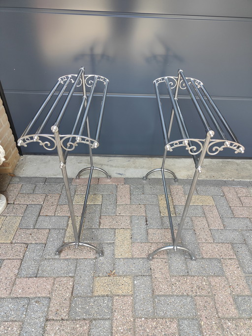 set of two retro standing towel racks, chrome