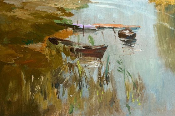 Image 1 of Dipinto ad olio originale raffigurante un paesaggio fluviale costiero con un traghetto su un lungo fiume.