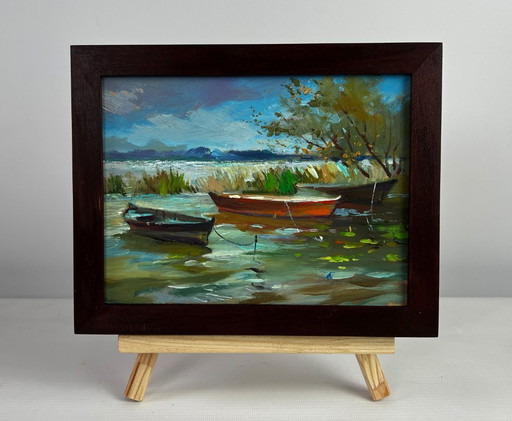 Original Oil Painting Summer River Landscape Boats moored on the shore