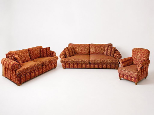 3-piece Cottage living room set — Red & gold jacquard
