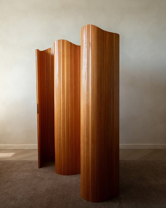 Image 1 of Vintage French Art Deco Pine Tambour Room Divider by Jomain Baumann for Baumann, 1930s