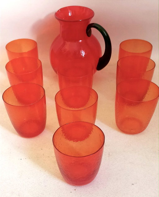 Orangenlimonaden-Set mit 9 Gläsern und 1 Krug. 1960er Jahre