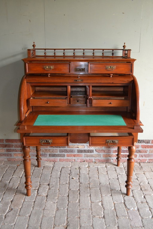 Scrivania antica a cilindro in noce, secretaire.