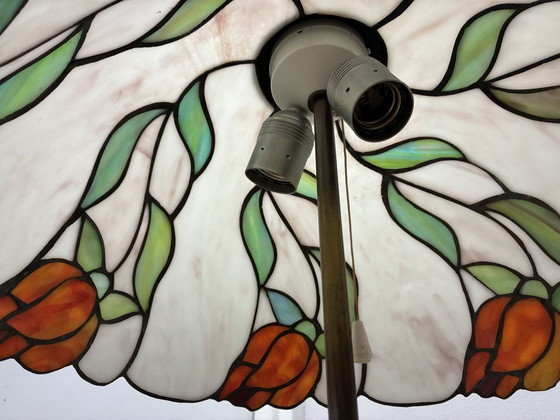 Perenz Tiffany stijl glas-in-lood tafellamp, messing, Tafellampen, Groen, Vintage (foto 6 van 8)
