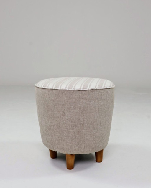 Vintage poef natuurlijke Lin stof beige witte strepen