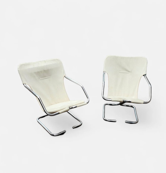 2 x Silla cantilever tubular cromada con asiento de lona color crema – Sillas auxiliares, Chrome, Canvas (photo 8 of 10)
