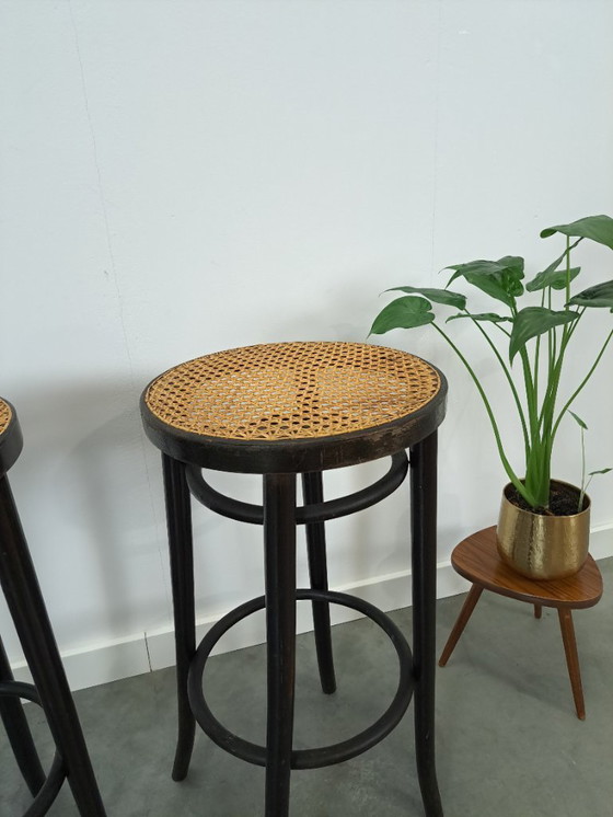 Image 1 of Set of 1950s wooden bar stools with webbing from France