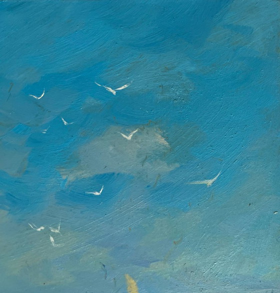 Image 1 of Dipinto ad olio originale, Paesaggio marino estivo, Viaggio in mare e canto degli uccelli