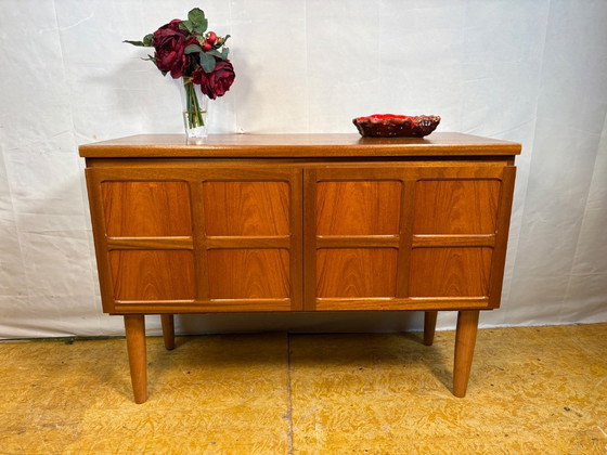 Image 1 of Mid-Century Retro Vintage Teak Sideboard by Nathan 1960s  Square Design • Two Doors • British Design Classic  A striking mid-cen