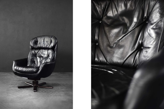 Image 1 of Poltrona girevole vintage in pelle nera, stile scandinavo moderno di metà secolo, anni '70