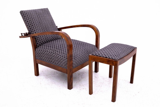 Art Deco fauteuil met verstelbare rugleuning en voetensteun, Polen, jaren 1930.