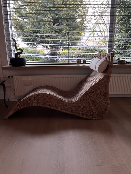 Vintage IKEA Karlskrona Rattan Chaise Longue with Original Leather Headrest – Excellent Condition