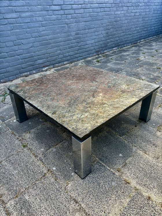 Image 1 of Vintage Brutalist Leistenen Salontafel met Chroom Onderstel – 80x80 cm