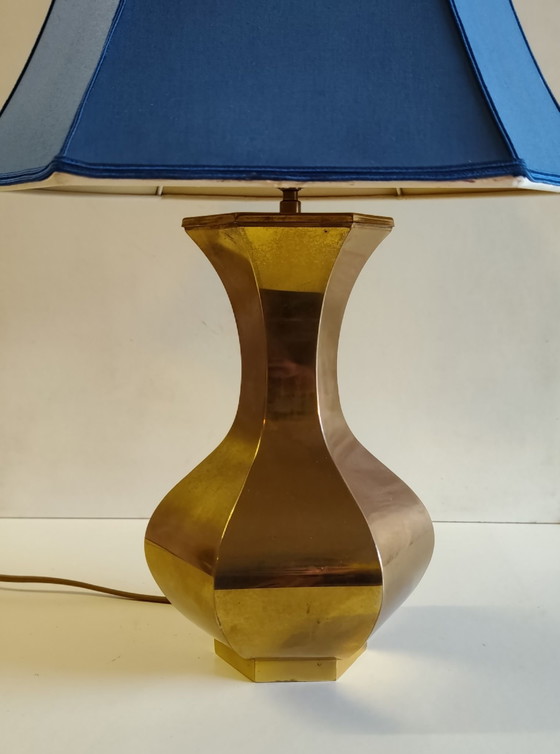 Lampada da tavolo di design anni '70 in ottone dorato e tessuto blu, Lampade da tavolo (foto 8 di 8)