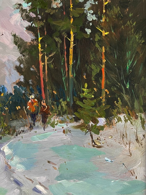 Image 1 of Peinture à l'huile originale, paysage naturel, pins enneigés, promenade dans la forêt hivernale