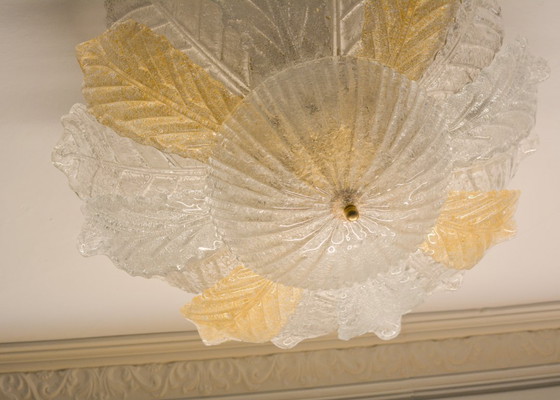 Image 1 of Grand lustre en verre de Murano en forme de feuille, plafonnier vintage italien, verre ambré transparent, luminaires de Murano d