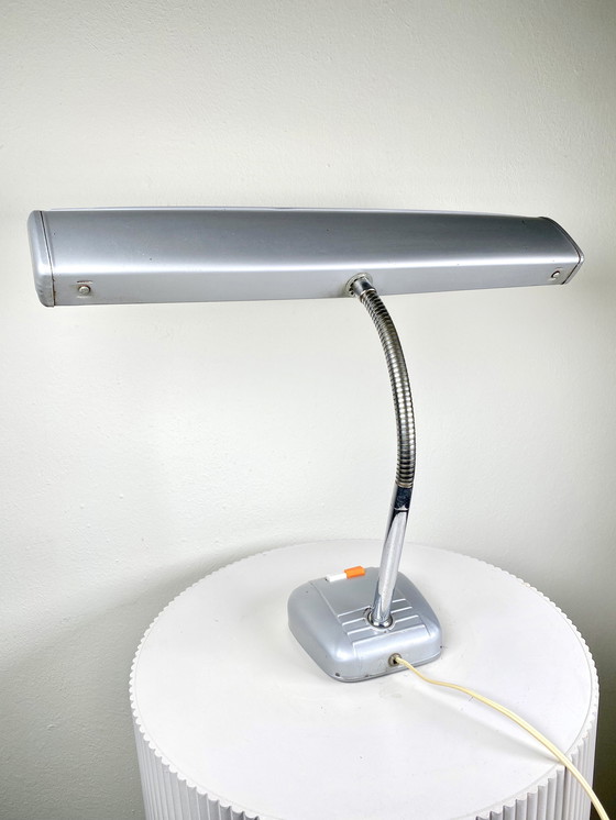 Image 1 of Vintage 1970s Industrial Piano Style Desk/Table Lamp in Grey with a Chrome Gooseneck - Mid-Century Modern Japanese Design