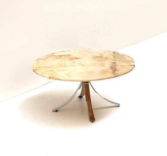 Image 1 of Ronde vintage onyx salontafel met onderstel van chroom uit de jaren ’70