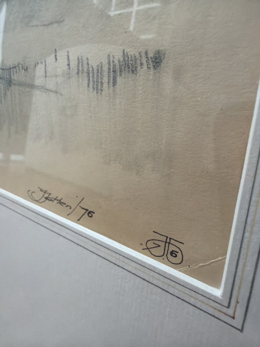 Original Pencil Drawing by Jan Jetten, 2 Farms – schilderijen tekeningen, Glass, Paper (photo 2 of 6)