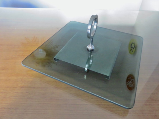 Image 1 of Drehbarer Servierteller im modernistischen Stil aus Rauchglas und versilbertem Metall, 1970er/80er Jahre