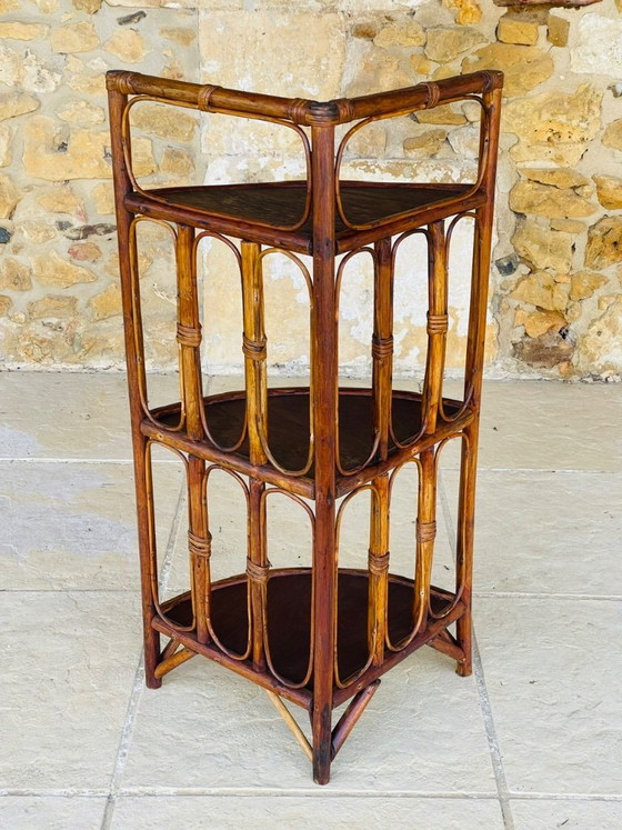 Image 1 of Mid-Century Bamboo & Rattan 3-Tier Corner Shelf, 1960s