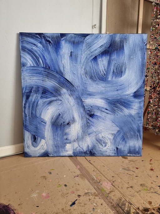 Frances Eckhardt - 100x100 cm hand-painted abstract painting blue white contemporary modern art
