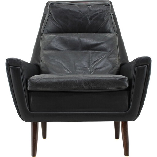 Fauteuil vintage à haut dossier en hêtre massif et cuir, Danemark 1970