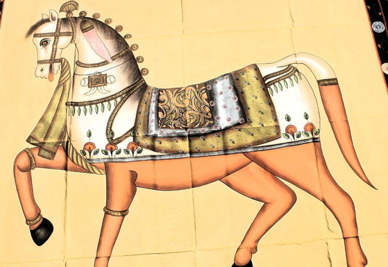 Grande tela dipinta a mano dall'India 128×123 cm | Cavallo orientale | Unico – Dipinti e disegni, Cotone (photo 6 of 7)