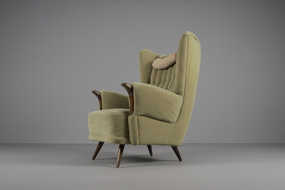 Image 1 of Large Green Italian Wood & Fabric Wingback Armchair, 1950s
