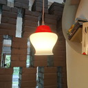Vintage pendant lamp in opaline glass with red shade – renewed wiring – 60s/70s