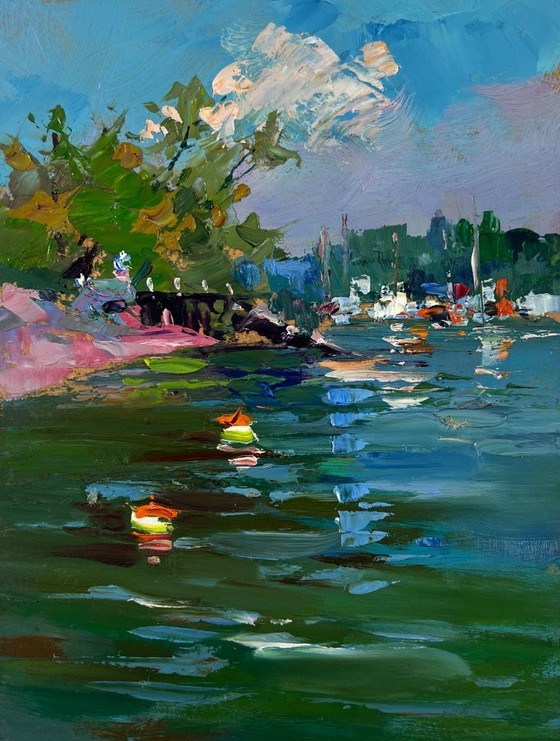 Image 1 of Original Oil Painting Coastal Waves Landscape City river in summer