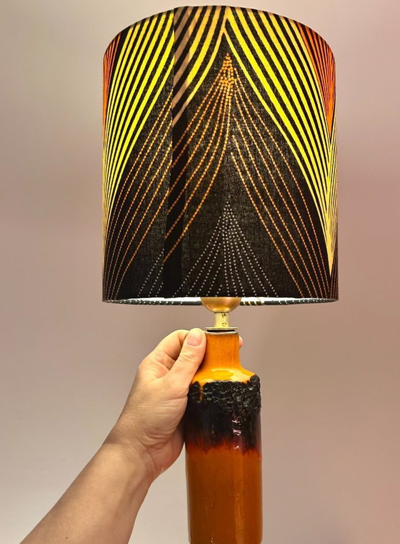 Image 1 of Wireless vase lamp upcycled from a handled vase by Kreutz Keramik and African batik fabric