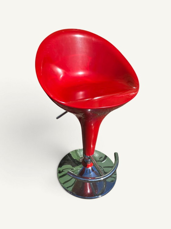 Pair of adjustable red bar stools in resin and chrome – Barstools, Metal, Plastic (photo 3 of 5)