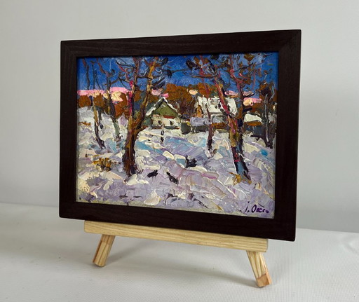 Original Oil Painting Winter Village Landscape Crows in the trees