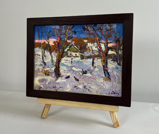 Image 1 of Original Oil Painting Winter Village Landscape Crows in the trees